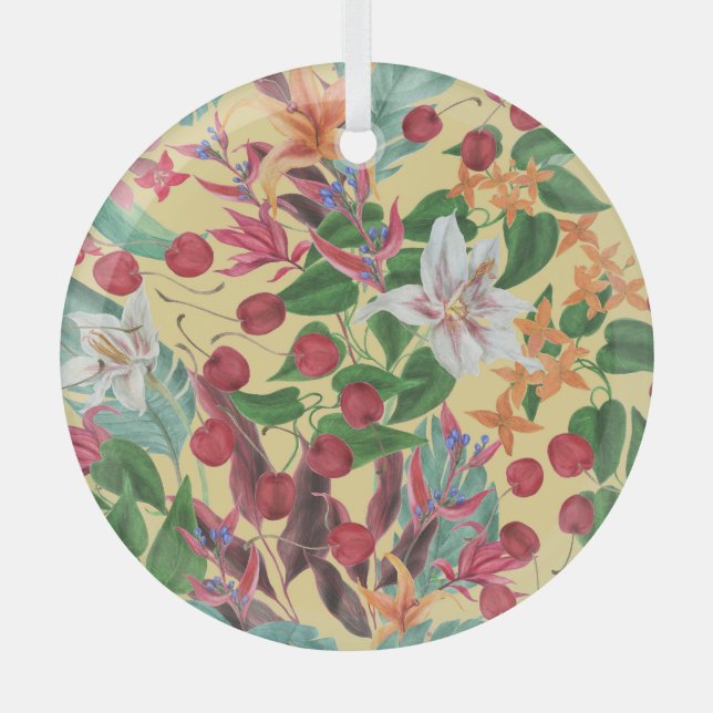 Ornement En Verre Fleurs tropicales Cerise : Aquarelle Patte transpa (Recto)