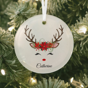 Ornement En Verre Floral Christmas Reindeer Nom personnalisé
