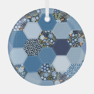 Ornement En Verre Floral, patchwork de denim : motif bleu.