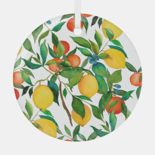 Ornement En Verre Fruits d'agrumes, motif d'aquarelle vibrante.