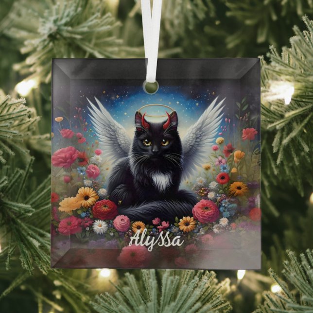 Ornement En Verre Funny Long Haired Black Demon et Angel Cat (Insitu)