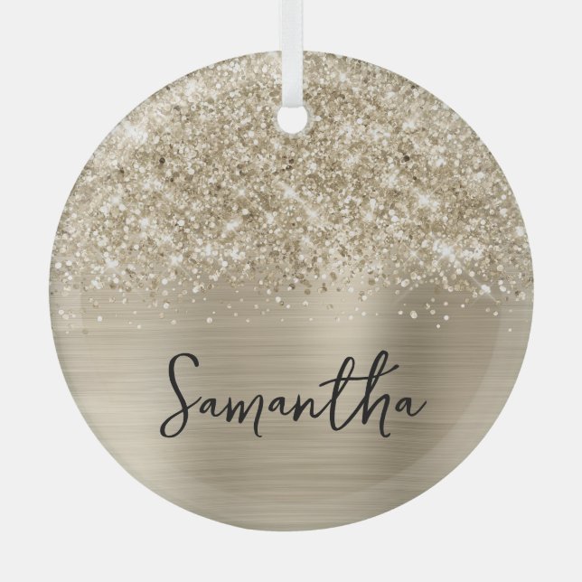 Ornement En Verre Glittery Pale Gold Glam Name (Recto)