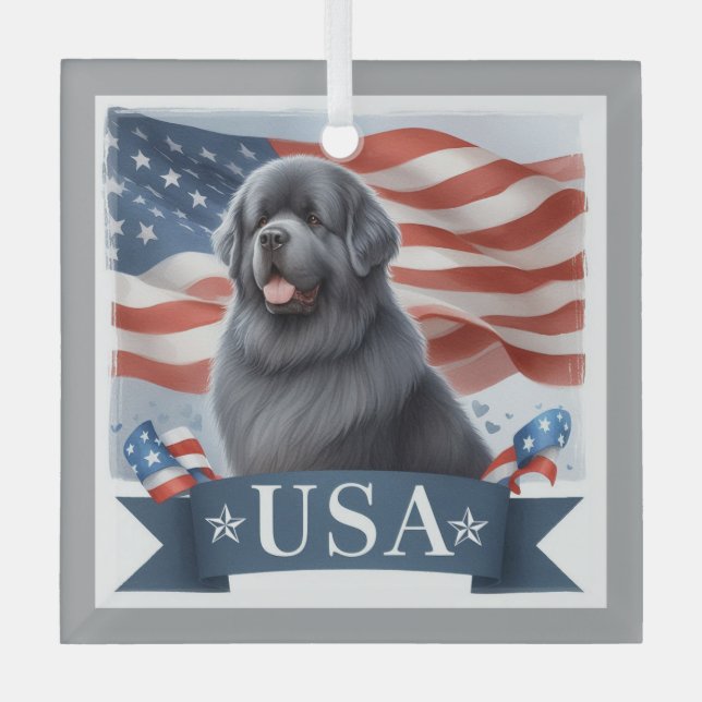 Ornement En Verre Gray Patriotic Newfoundland Dog Square (Recto)