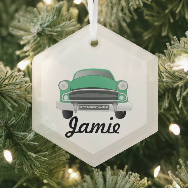 Ornement En Verre Green Mean Retro Voiture Boy's Birthday (Insitu)