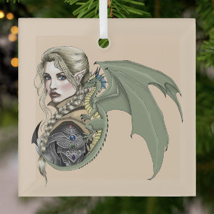Ornement En Verre Guerrière Elfe Dragon Fantastique Magique Médiéval
