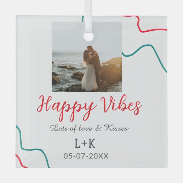 Ornement En Verre Happy Vibes nom du couple date mariage rouge (Recto)