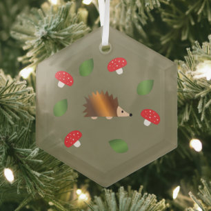 Ornement En Verre Hedgehog Mushrooms and Leaves Ornament