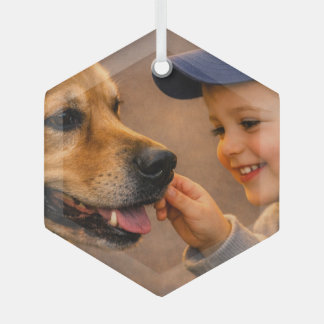 Ornement en verre hexagonal Garçon et son chien