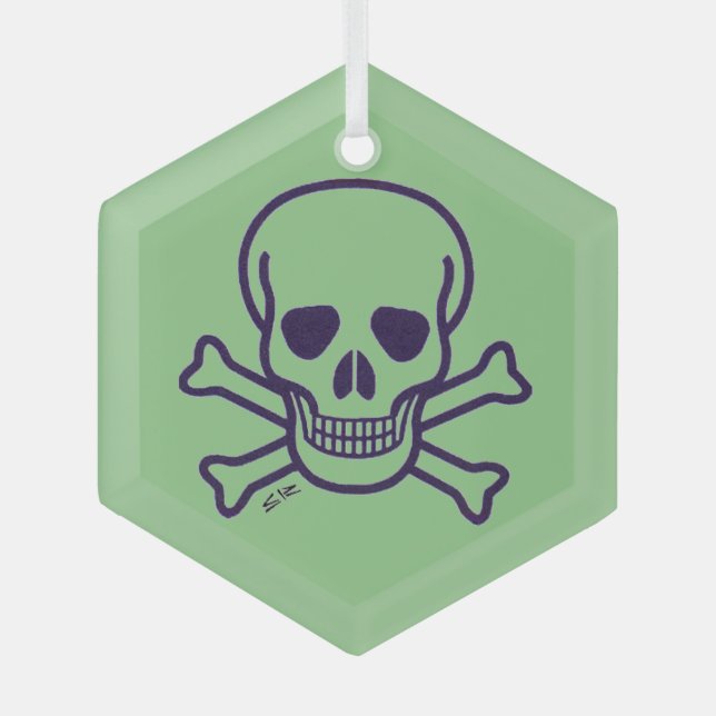 Ornement en verre hexagone de Crâne vert (Recto)