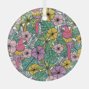 Ornement En Verre Hibiscus tropical, palmier, perroquets motif.