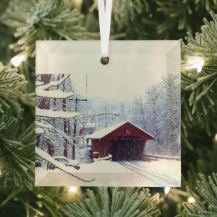 ORNEMENT EN VERRE HIVER SUR LE PONT COUVERT