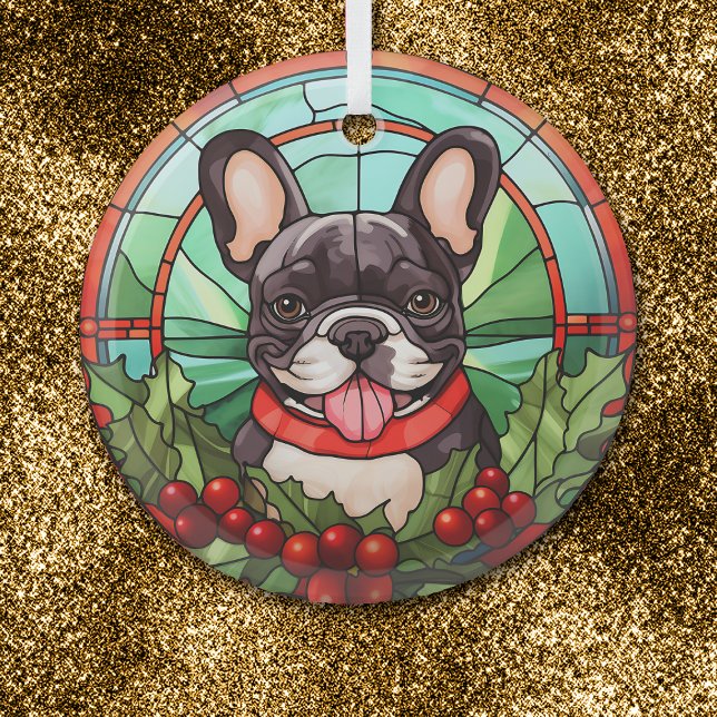 Ornement En Verre Holly Wreath Black White French Buldog (Créateur téléchargé)