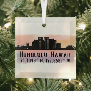 Ornement En Verre Honolulu Skyline Latitude et Longitude