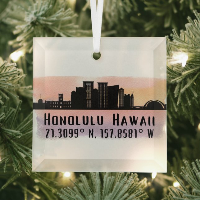 Ornement En Verre Honolulu Skyline Latitude et Longitude (Insitu)