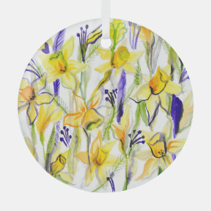 Ornement En Verre Illustration de l'aquarelle des jonquilles jaunes