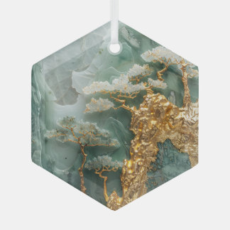 Ornement En Verre jade verte et village or