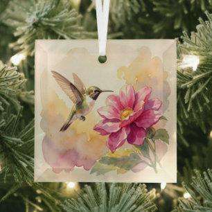 Ornement En Verre Joli oiseau et fleur à l'aquarelle
