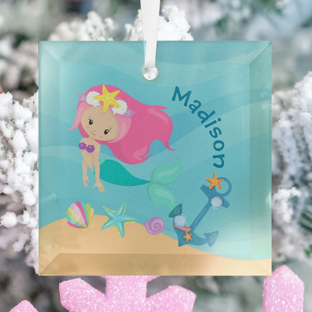 Ornement En Verre Jolie Mermaid Girl Beach Noël personnalisé (Créateur téléchargé)