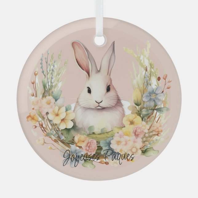 Ornement En Verre Joyeuses Pâques Lapin De Pâques Dans Une Couronne  (Recto)