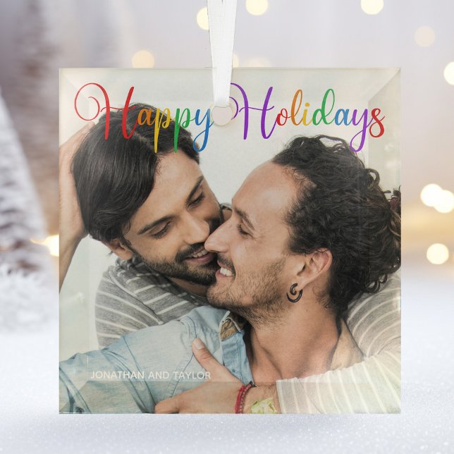 Ornement En Verre Joyeuses vacances Rainbow Gay Couple Photo Noël (Créateur téléchargé)