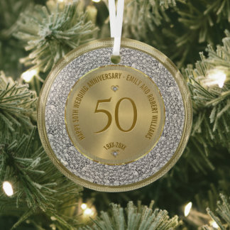 Ornement En Verre Joyeux 50e anniversaire de mariage diamants et or
