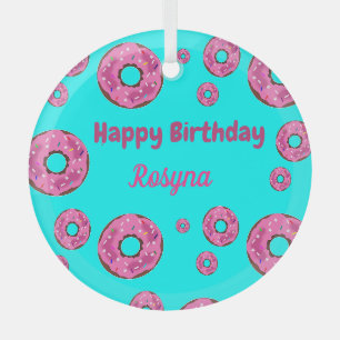 Ornement En Verre Joyeux anniversaire crème rose beignets bleu