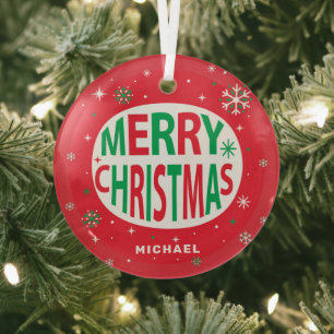 Ornement En Verre Joyeux Noël Moderne Fête Rouge Personnalisé
