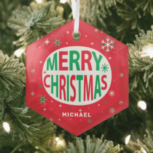 Ornement En Verre Joyeux Noël Moderne Fête Rouge Personnalisé