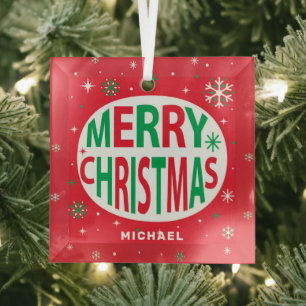 Ornement En Verre Joyeux Noël Moderne Fête Rouge Personnalisé