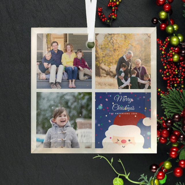 Ornement En Verre Joyeux Noël Père Noël & Cute Family Photo Collage (Créateur téléchargé)