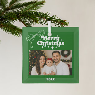 Ornement En Verre Joyeux Noël photo ruban vert Doodle