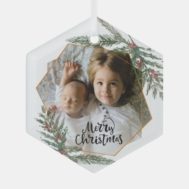 Ornement En Verre Joyeux Noël pin et baies photo (Recto)