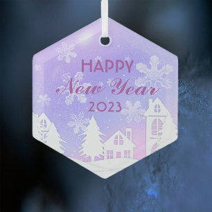 Ornement En Verre Joyeux Nouvel An 2023 Purple White House Neige