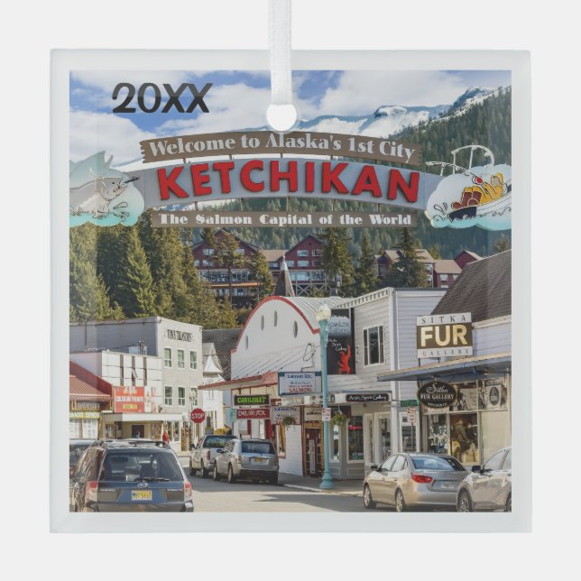 Ornement En Verre Ketchikan, Alaska, capitale Saumon, (Recto)