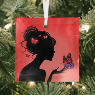 Ornement En Verre La femme papillons rouges