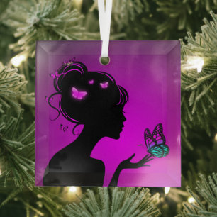 Ornement En Verre La femme papillons violets