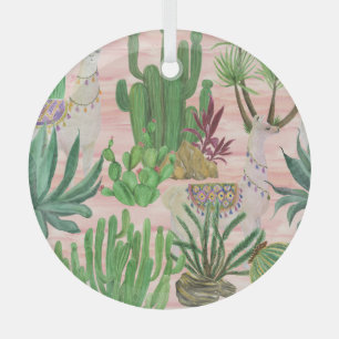 Ornement En Verre Lamas aquarelle et motif cactus.