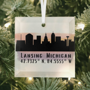 Ornement En Verre Lansing MI City Skyline Latitude et Longitude