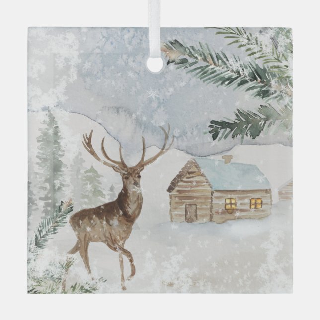 Ornement En Verre Le cerf d'aquarelle en forêt d'hiver Noël (Recto)