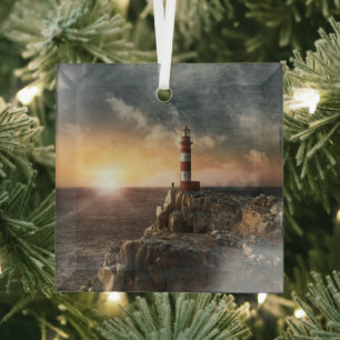 Ornement En Verre Les phares   Phare rouge et blanc