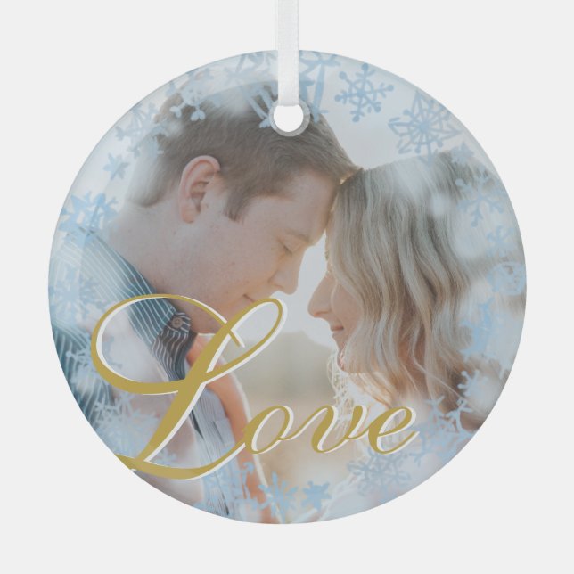 Ornement En Verre Love Blue Snowflakes Frame Photo personnalisée (Recto)