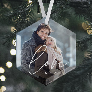 Ornement En Verre Love Script Overlay Photo & Initials