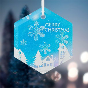 Ornement En Verre Maison Blanche Bleue Neige Joyeux Noël