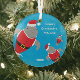 Ornement En Verre Manatee Père Noël tenues Nom Noël