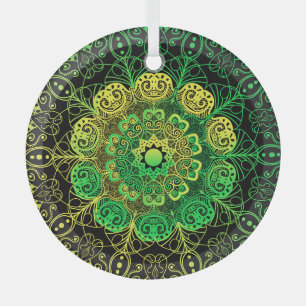Ornement En Verre Mandala Art : Green Yellow Detail.
