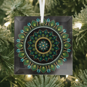 Ornement En Verre Mandala vert   Peint main   Géométrie sacrée