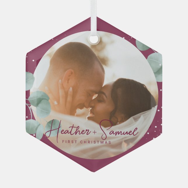 Ornement En Verre Mariage de Noël Keepsaké élégant Script Bourgogne (Recto)