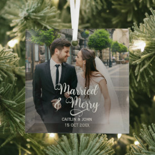 Ornement En Verre Marié Merry Newlyweds First Christmas Photo