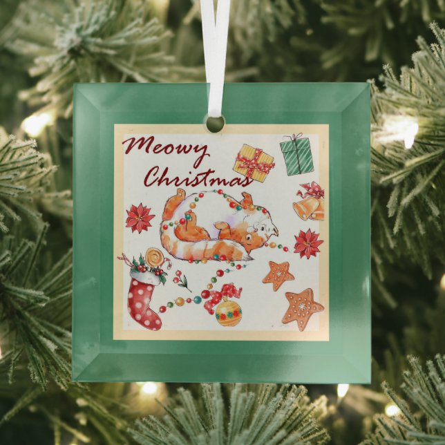 Ornement En Verre Meowy Christmas Silly Cat (Insitu)