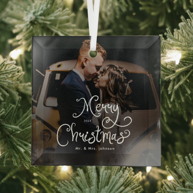 Ornement En Verre Merry Christmas Whimsical Script  Custom Photo  (Insitu)